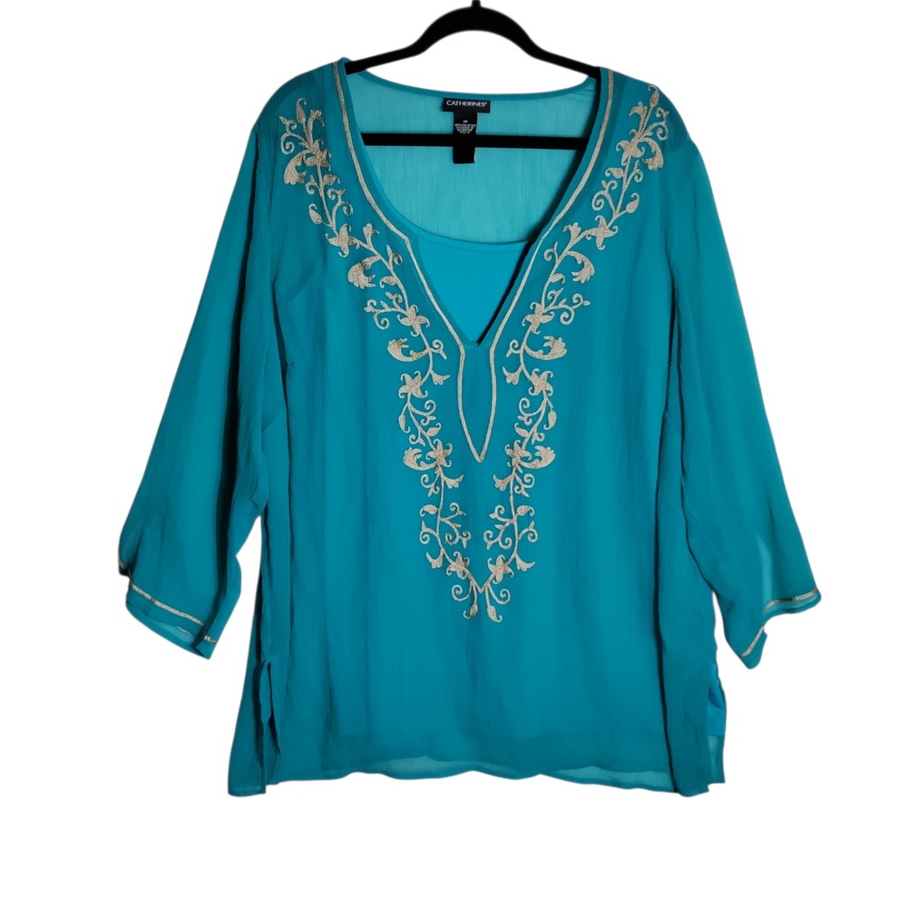 Catherines Teal Blue Embroidered V-Neck Blouse 3/4 Sleeve Plus Size 1X